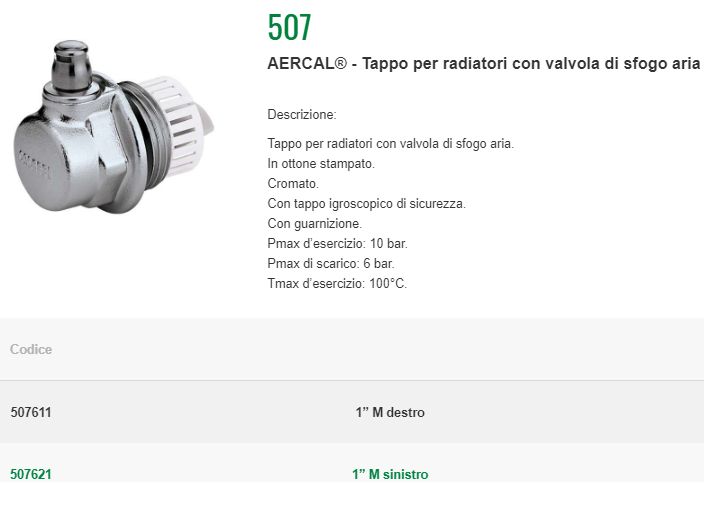 Caleffi TAPPO PER RADIATORE CON SFOGO ARIA 1'' DESTRO OTTONE CROMATO CALEFFI  HID.507611 