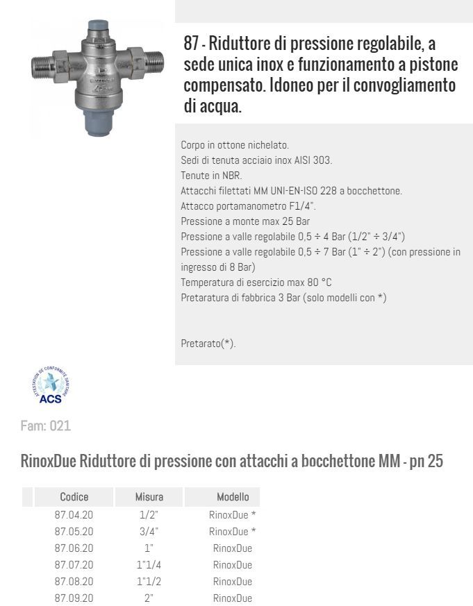 RIDUTTORE DI PRESSIONE REGOLABILE 3/4 RBM M/M PER CONVOGLIAMENTO ACQUA