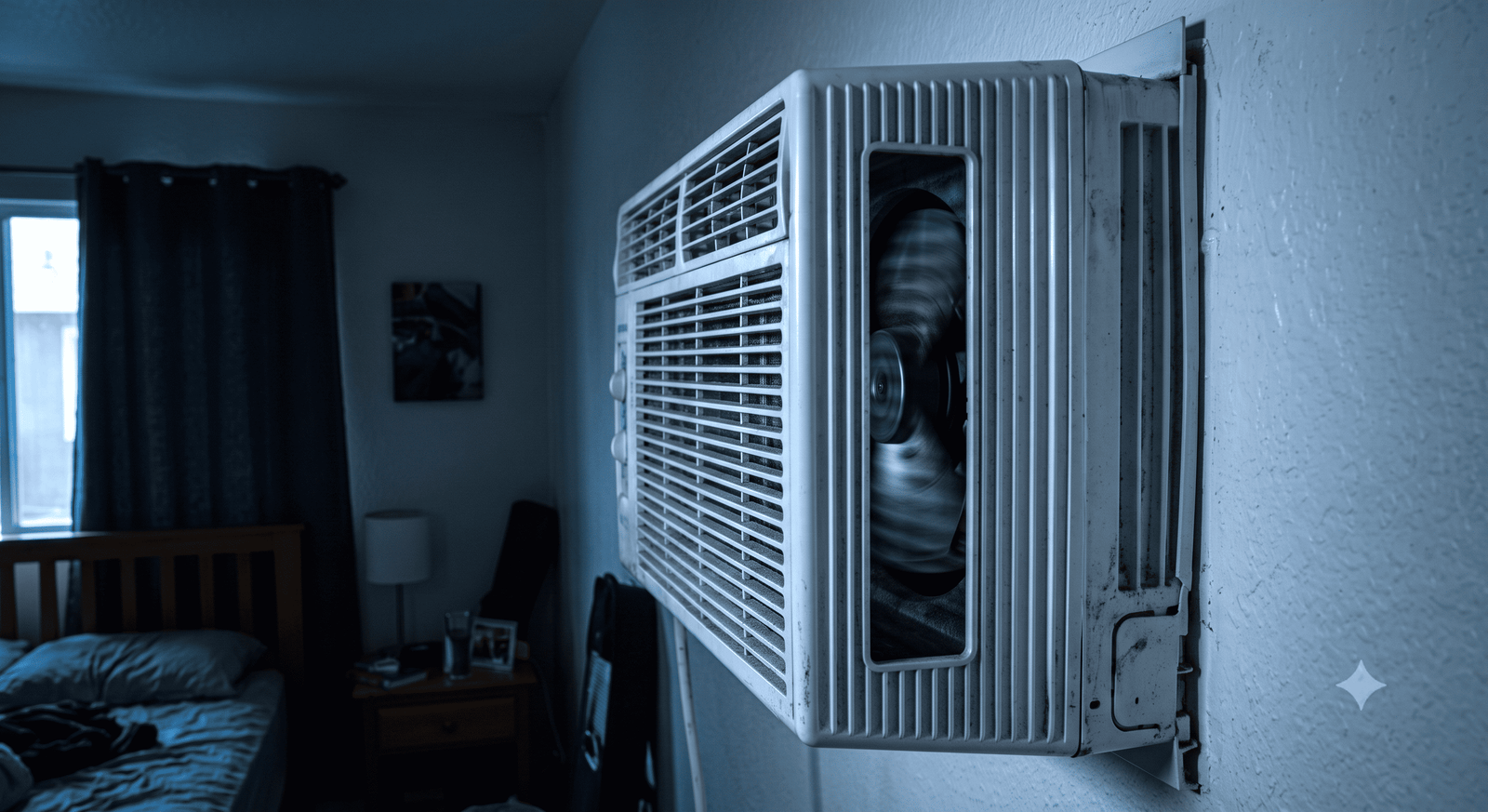 Unità interna di un climatizzatore a parete inquadrata da vicino in una camera da letto di notte