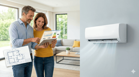 Coppia che pianifica la scelta del climatizzatore per casa guardando una planimetria e un tablet con classe energetica.