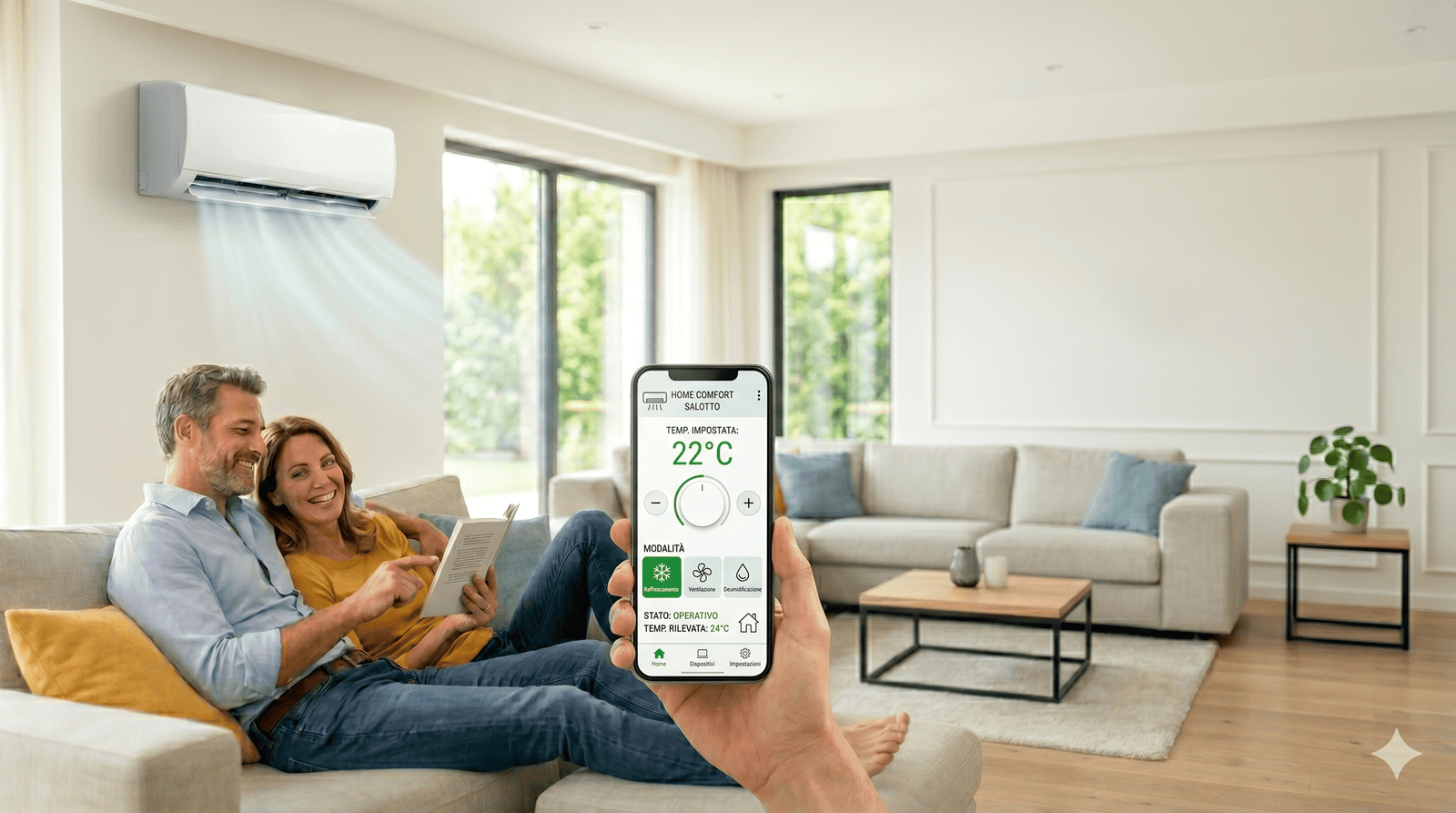 Coppia rilassata sul divano di casa con climatizzatore acceso, mentre in primo piano una mano tiene uno smartphone con un'app per il controllo della temperatura e il risparmio energetico